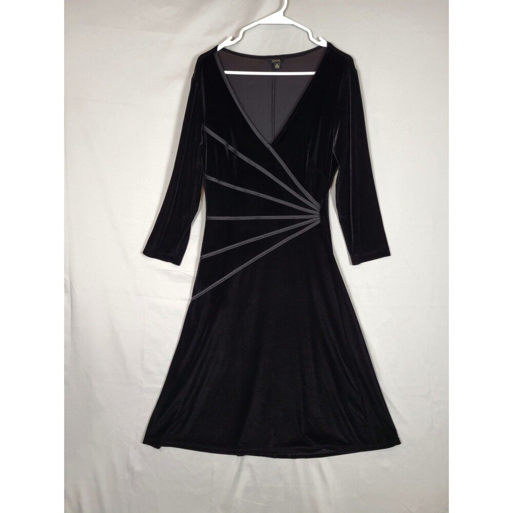 GNW Black Velvet Midi Dress Womens 12 Whimsigoth Witchy 3/4 Sleeve V-neck - Picture 2 of 12